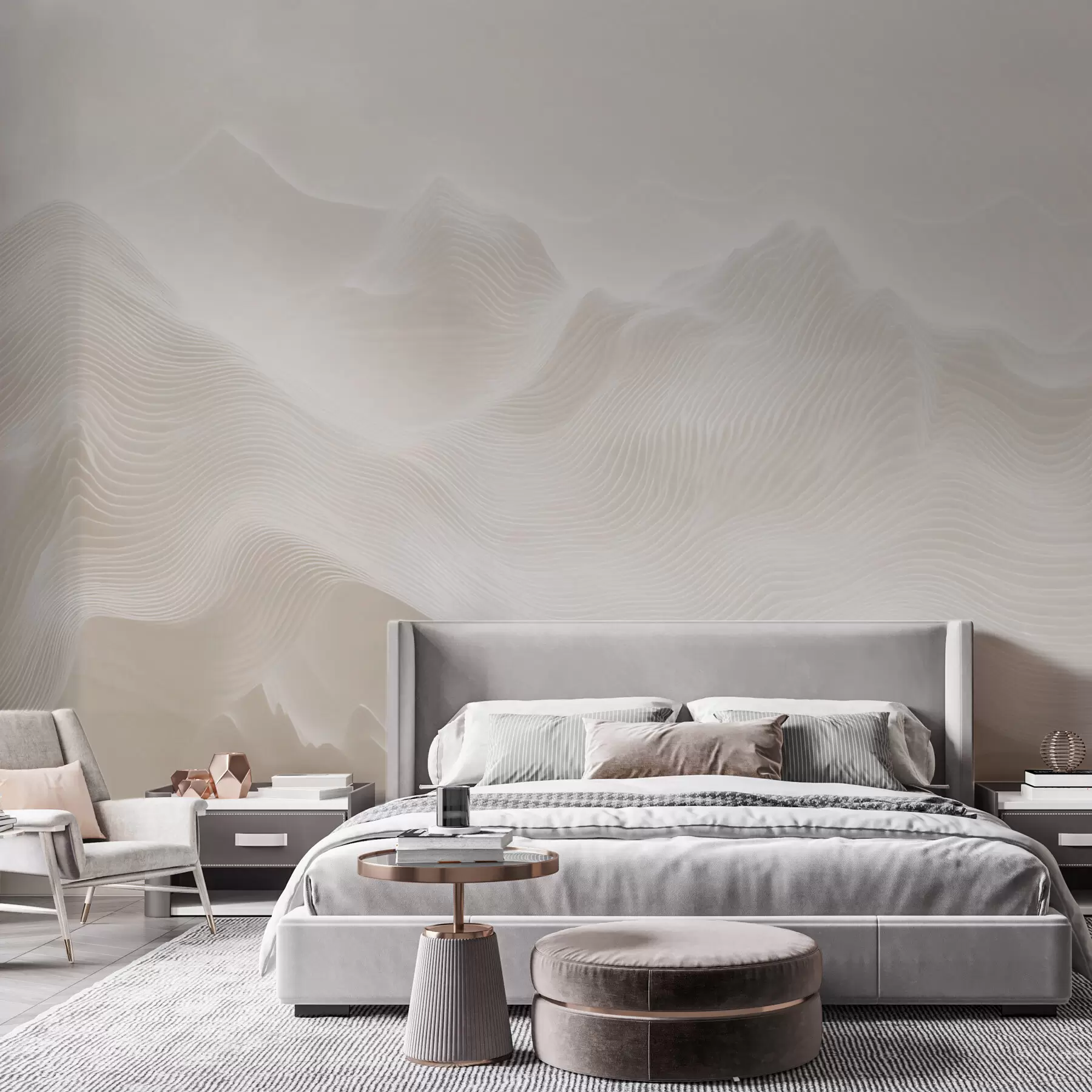 Papier peint Montagnes abstraites aux contours ondulés, dans une palette de tons beiges, dans un style minimaliste w09713