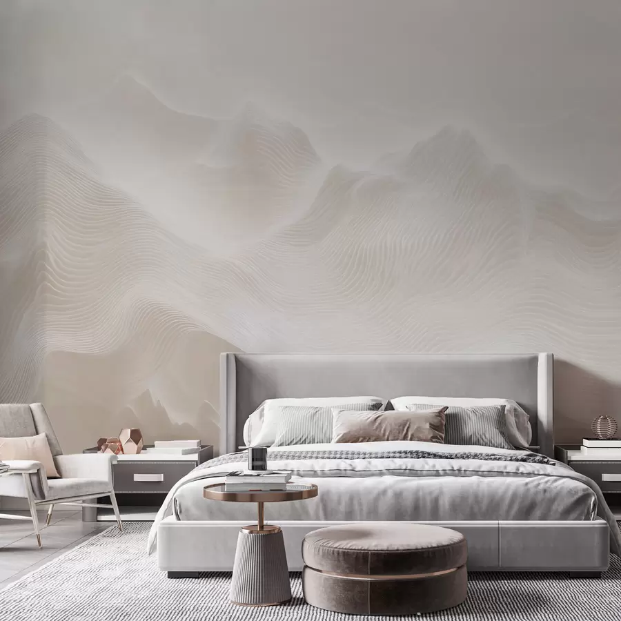 Papier peint Montagnes abstraites aux contours ondulés, dans une palette de tons beiges, dans un style minimaliste w09713