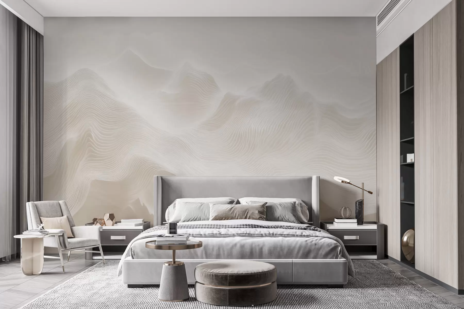 Papier peint Montagnes abstraites aux contours ondulés, dans une palette de tons beiges, dans un style minimaliste w09713