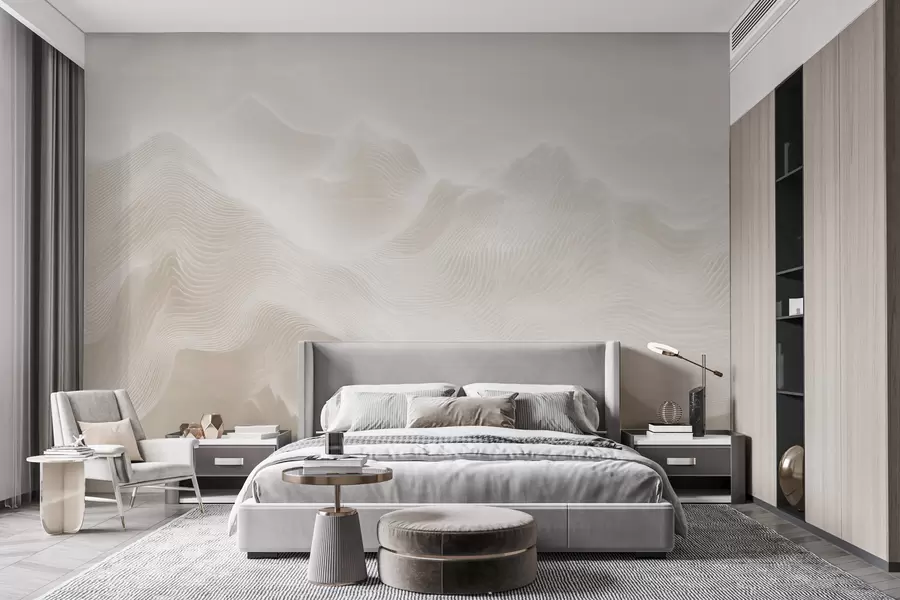 Papier peint Montagnes abstraites aux contours ondulés, dans une palette de tons beiges, dans un style minimaliste w09713