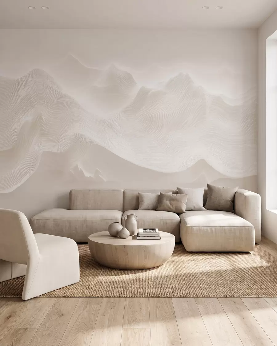 Papier peint Montagnes abstraites aux contours ondulés, dans une palette de tons beiges, dans un style minimaliste w09713