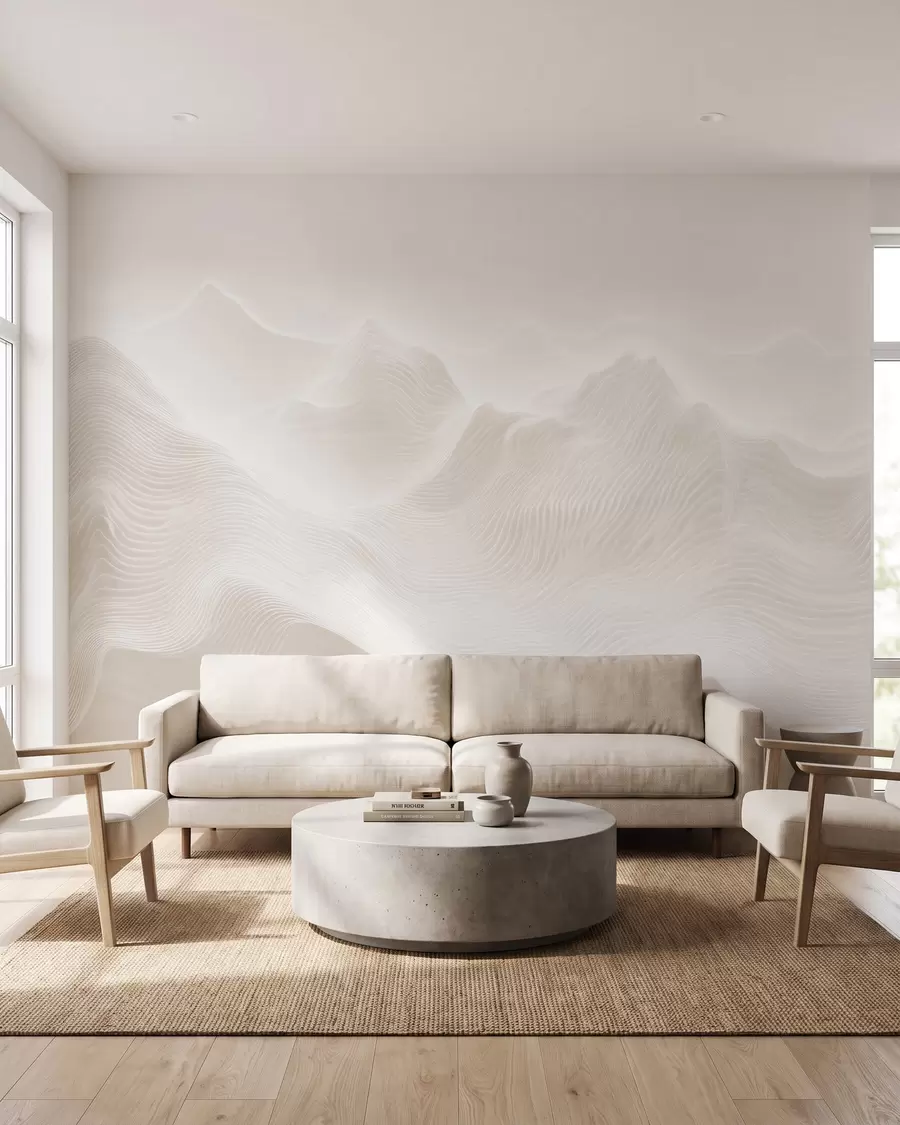 Papier peint Montagnes abstraites aux contours ondulés, dans une palette de tons beiges, dans un style minimaliste w09713