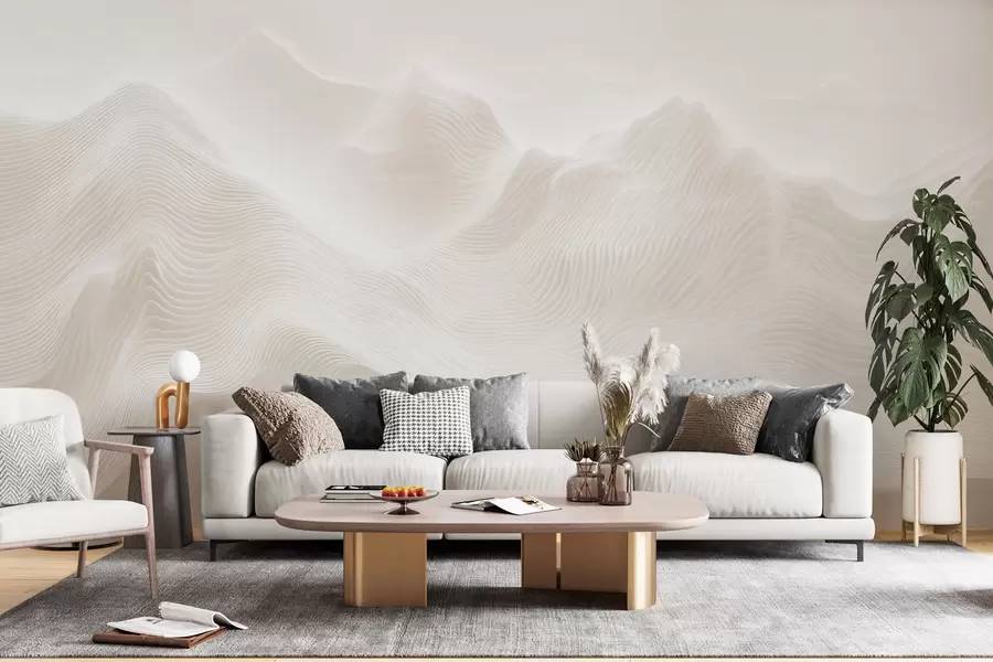 Papier peint Montagnes abstraites aux contours ondulés, dans une palette de tons beiges, dans un style minimaliste w09713