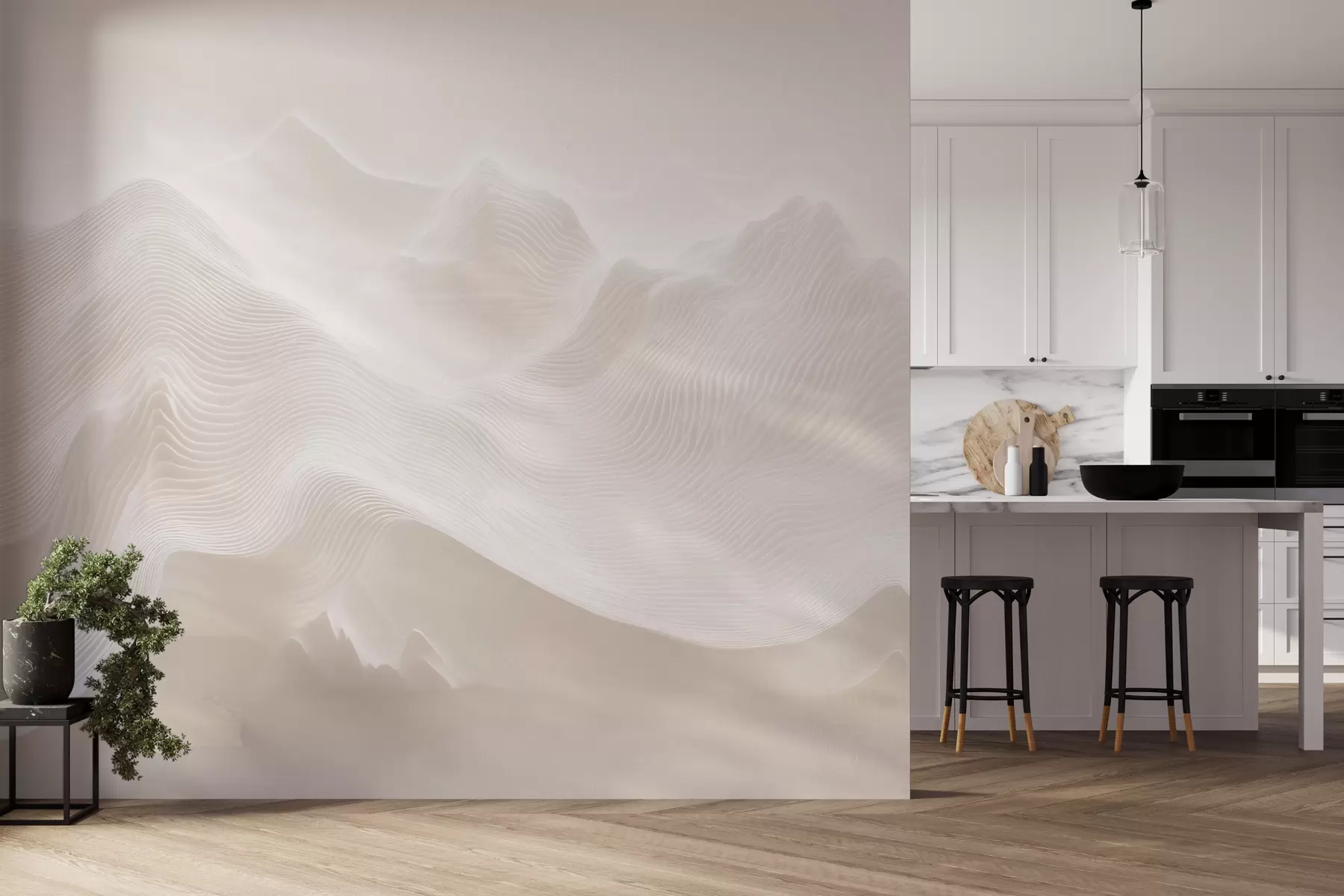 Papier peint Montagnes abstraites aux contours ondulés, dans une palette de tons beiges, dans un style minimaliste w09713