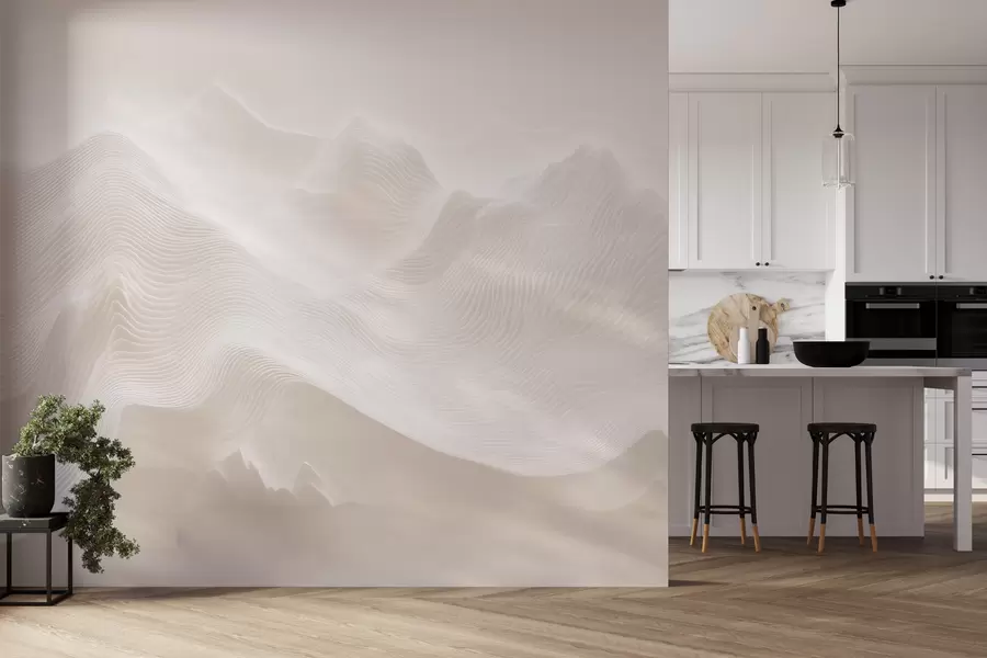 Papier peint Montagnes abstraites aux contours ondulés, dans une palette de tons beiges, dans un style minimaliste w09713