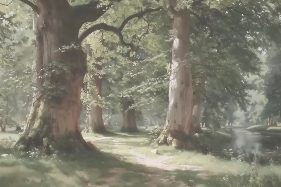 Papier peint Paysage forestier féérique dans une douce palette de verts et de beiges, dans un style pictural w09845