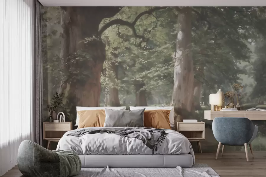 Papier peint Paysage forestier féérique dans une douce palette de verts et de beiges, dans un style pictural w09845