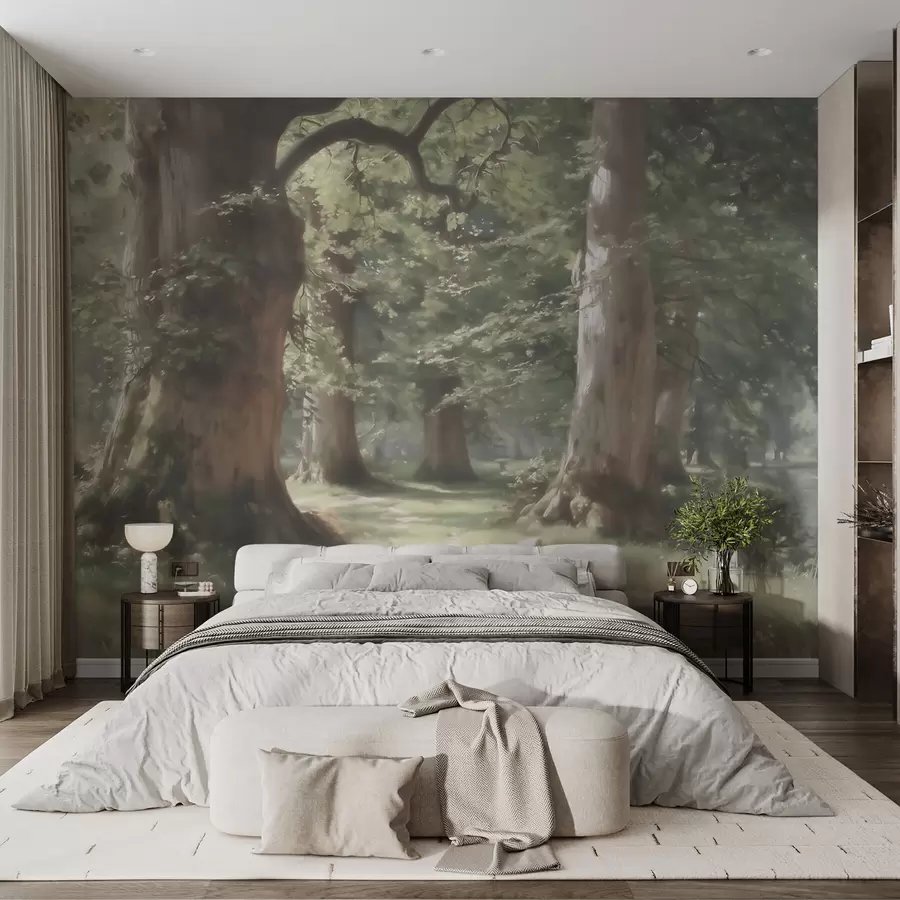 Papier peint Paysage forestier féérique dans une douce palette de verts et de beiges, dans un style pictural w09845