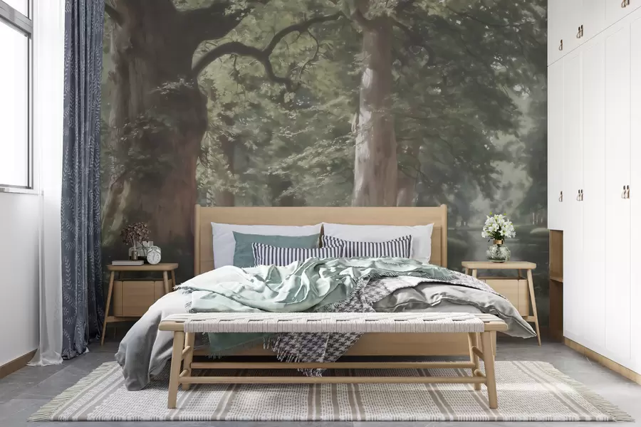 Papier peint Paysage forestier féérique dans une douce palette de verts et de beiges, dans un style pictural w09845