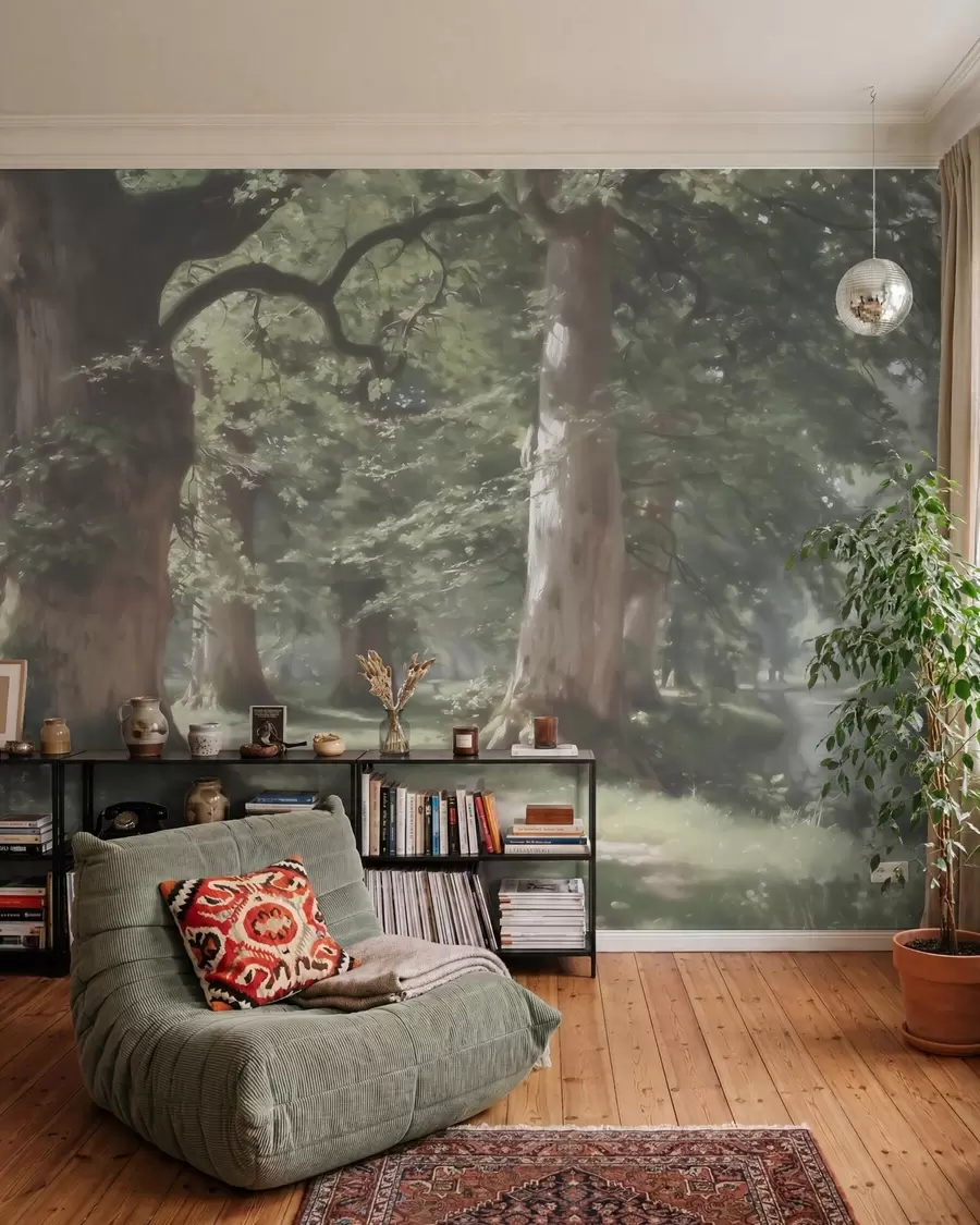 Papier peint Paysage forestier féérique dans une douce palette de verts et de beiges, dans un style pictural w09845