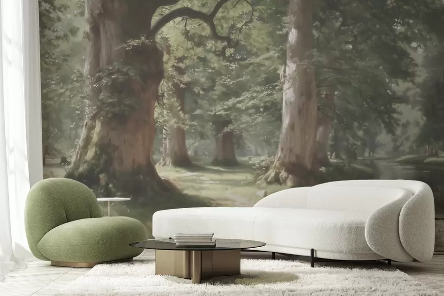 Papier peint Paysage forestier féérique dans une douce palette de verts et de beiges, dans un style pictural w09845