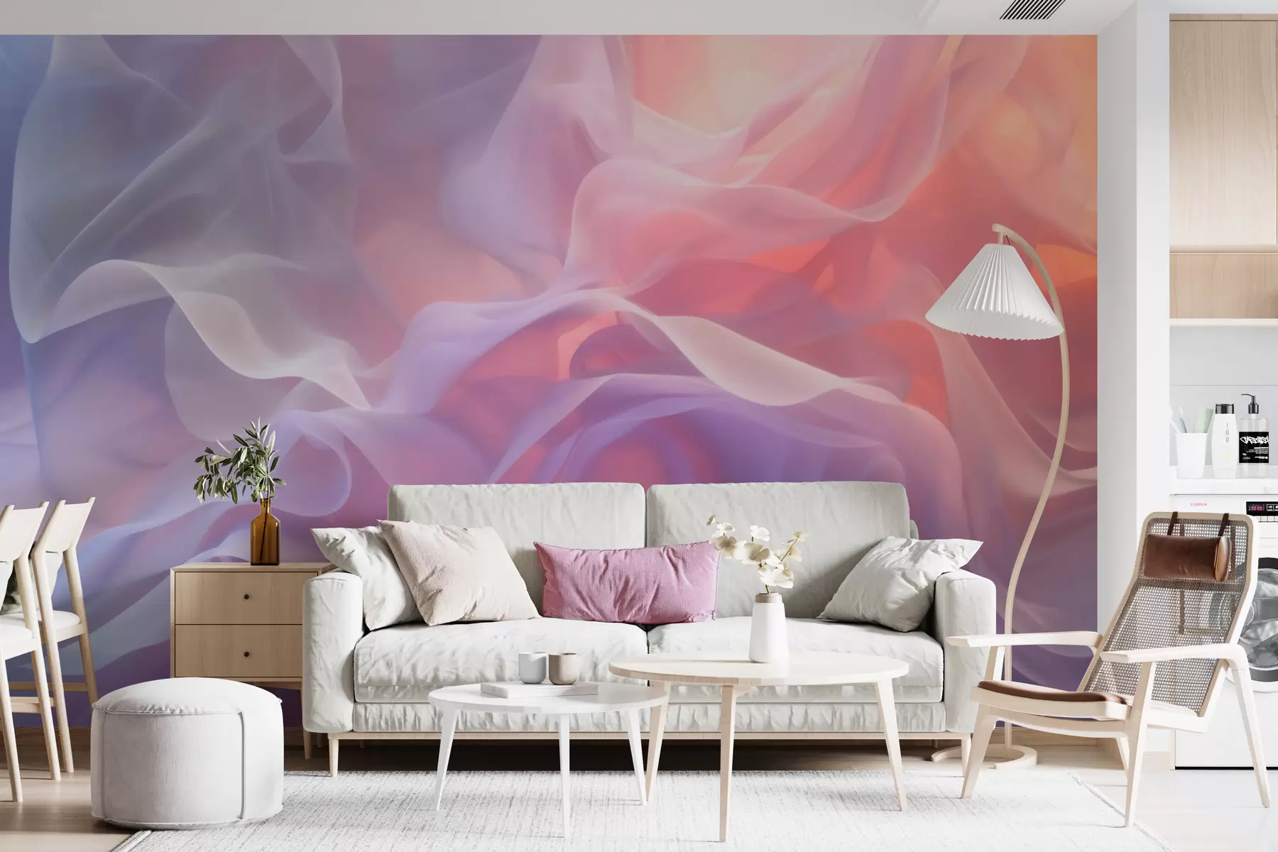 Papier peint Une abstraction aérienne aux vagues translucides dans une palette rose-lilas w09851