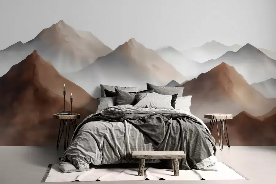 Papier peint Des sommets brumeux dans une palette de tons beige et marron, dans un style aquarelle w09857