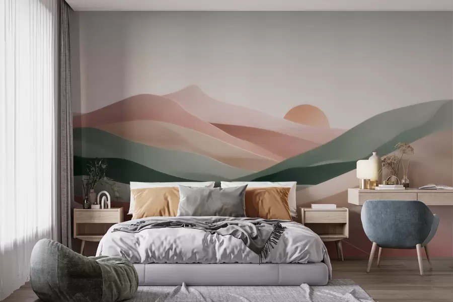 Papier peint Paysage désertique abstrait dans une palette de tons pastel vert-rose, minimalisme w09860