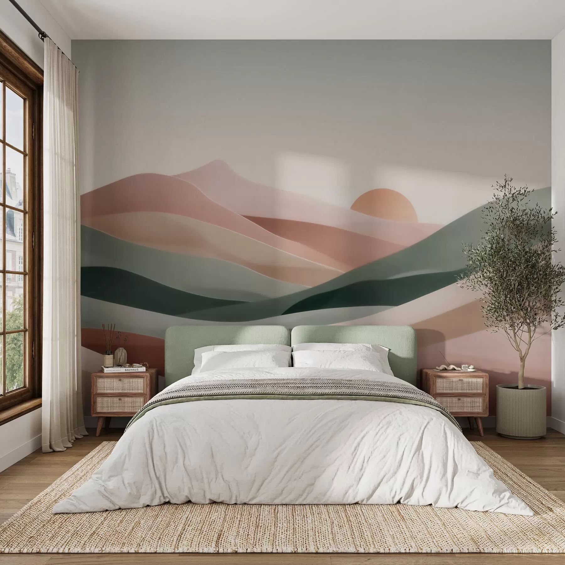 Papier peint Paysage désertique abstrait dans une palette de tons pastel vert-rose, minimalisme w09860