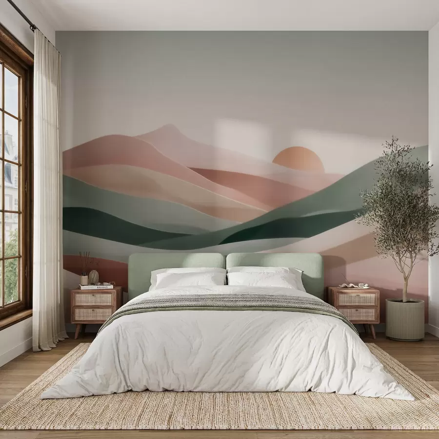 Papier peint Paysage désertique abstrait dans une palette de tons pastel vert-rose, minimalisme w09860