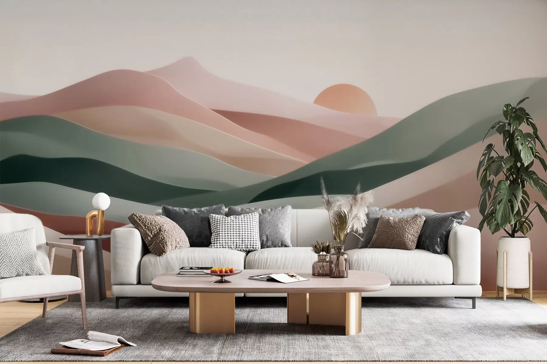 Papier peint Paysage désertique abstrait dans une palette de tons pastel vert-rose, minimalisme w09860