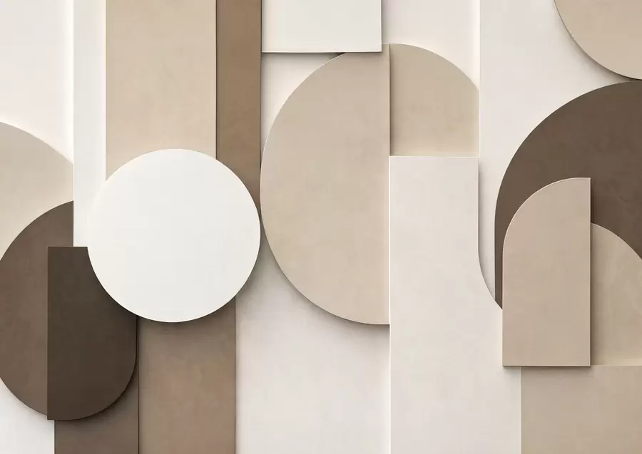 Papier peint Motifs géométriques beiges texturés dans une composition 3D en superposition, décoration murale minimaliste et moderne w05598