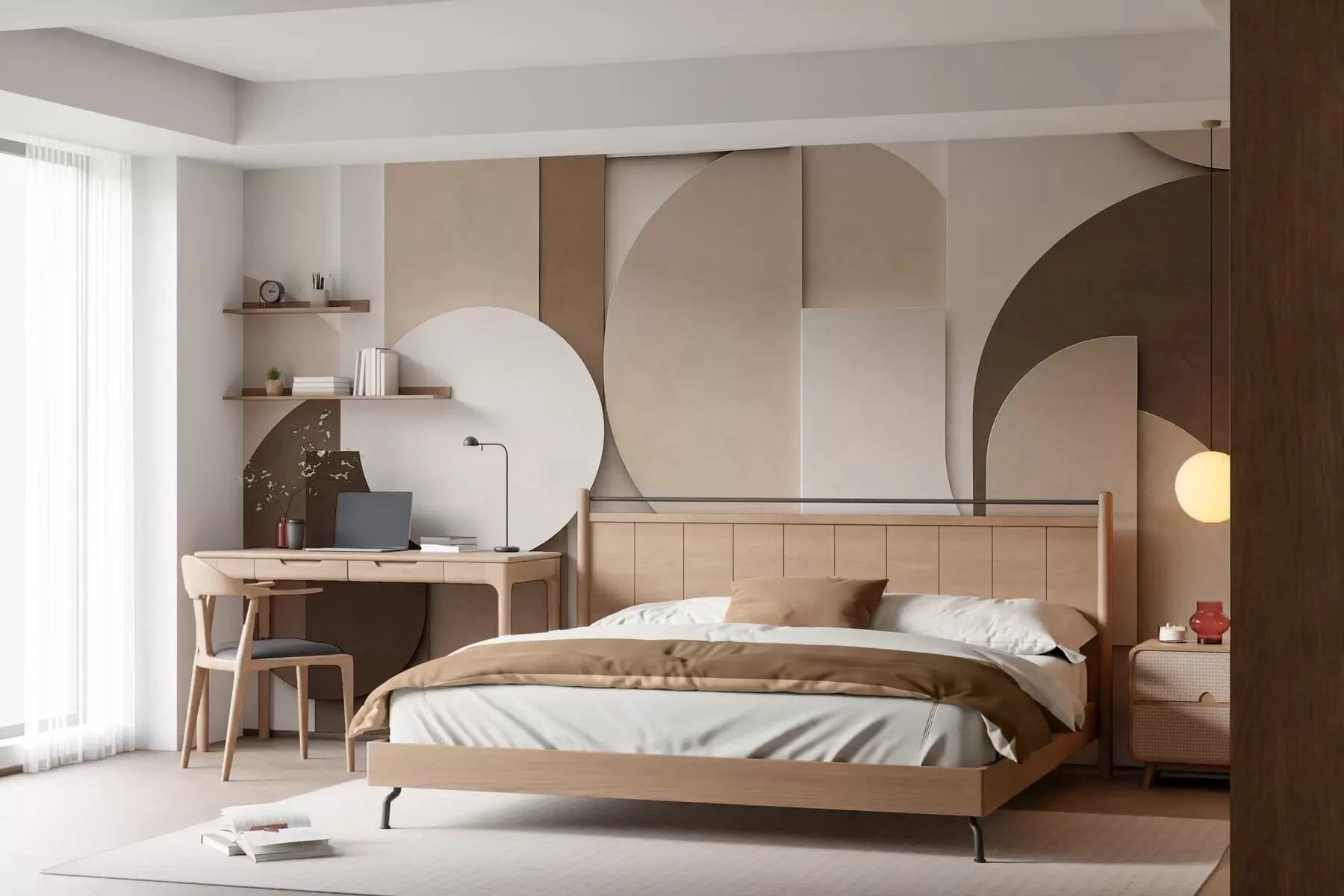 Papier peint Motifs géométriques beiges texturés dans une composition 3D en superposition, décoration murale minimaliste et moderne w05598
