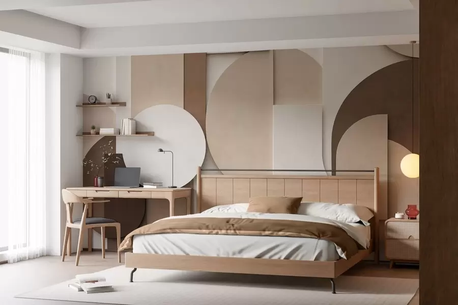 Papier peint Motifs géométriques beiges texturés dans une composition 3D en superposition, décoration murale minimaliste et moderne w05598