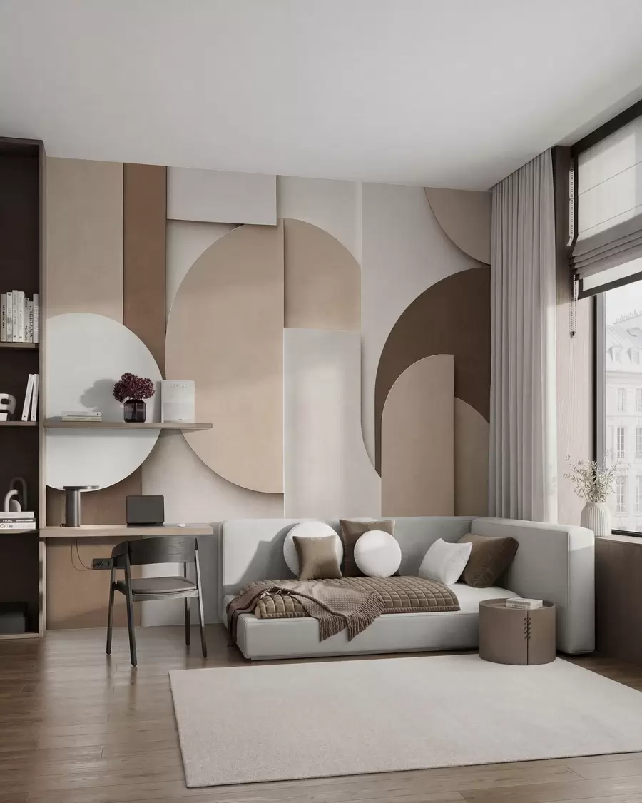 Papier peint Motifs géométriques beiges texturés dans une composition 3D en superposition, décoration murale minimaliste et moderne w05598