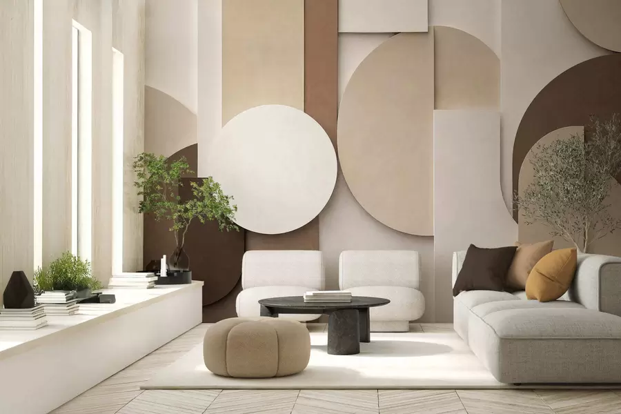 Papier peint Motifs géométriques beiges texturés dans une composition 3D en superposition, décoration murale minimaliste et moderne w05598