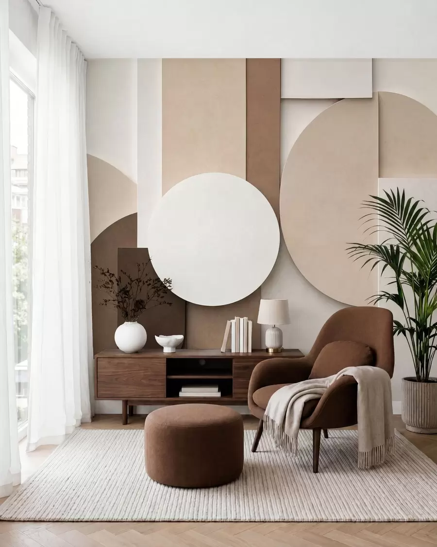 Papier peint Motifs géométriques beiges texturés dans une composition 3D en superposition, décoration murale minimaliste et moderne w05598
