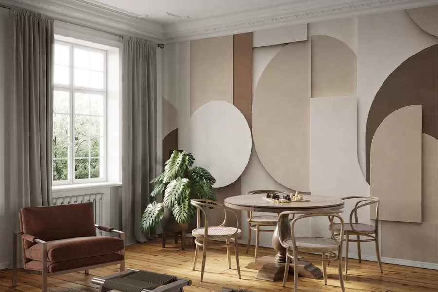 Papier peint Motifs géométriques beiges texturés dans une composition 3D en superposition, décoration murale minimaliste et moderne w05598