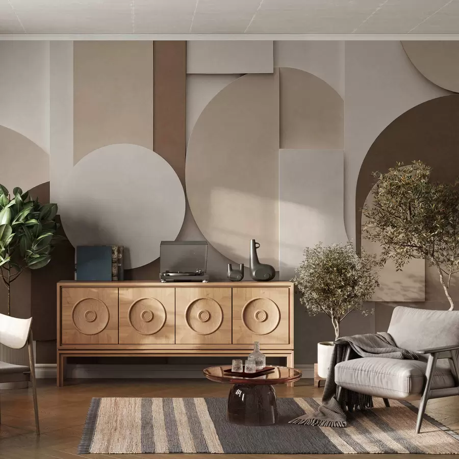 Papier peint Motifs géométriques beiges texturés dans une composition 3D en superposition, décoration murale minimaliste et moderne w05598