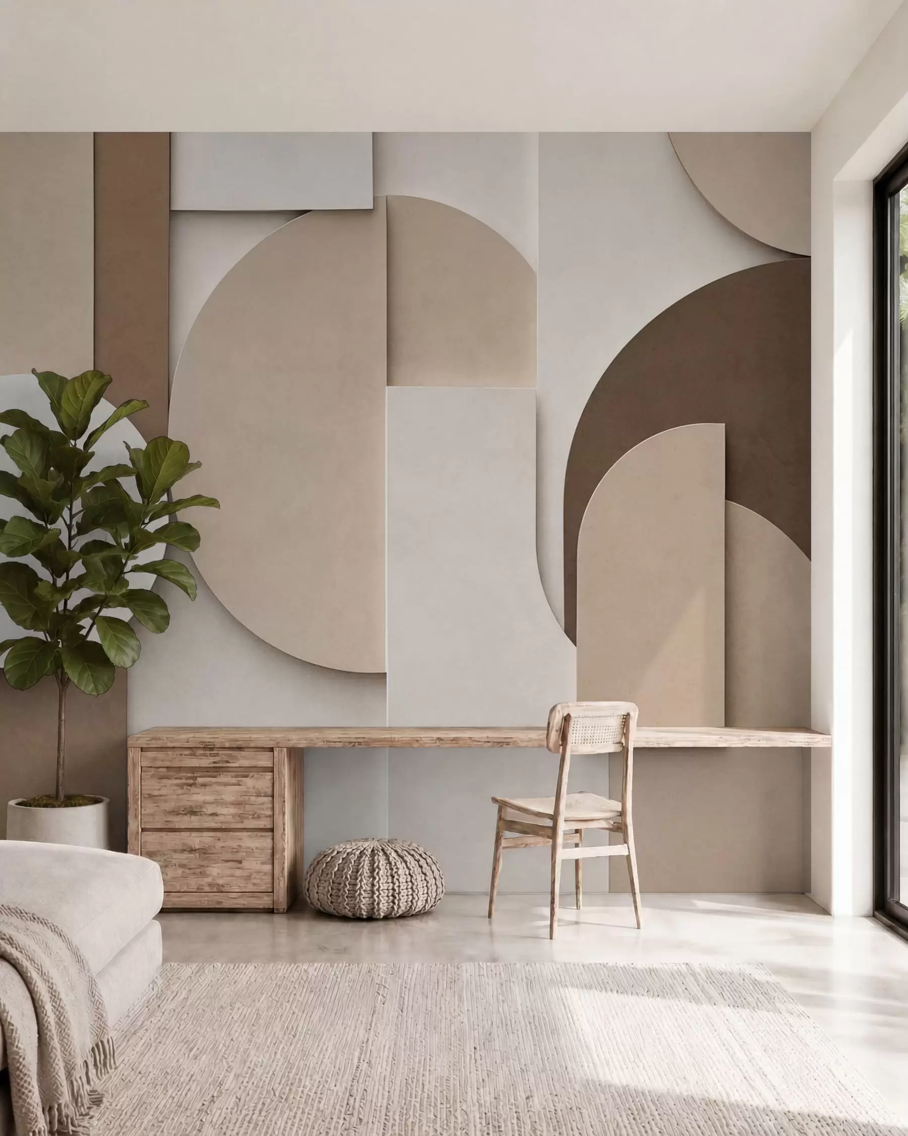 Papier peint Motifs géométriques beiges texturés dans une composition 3D en superposition, décoration murale minimaliste et moderne w05598