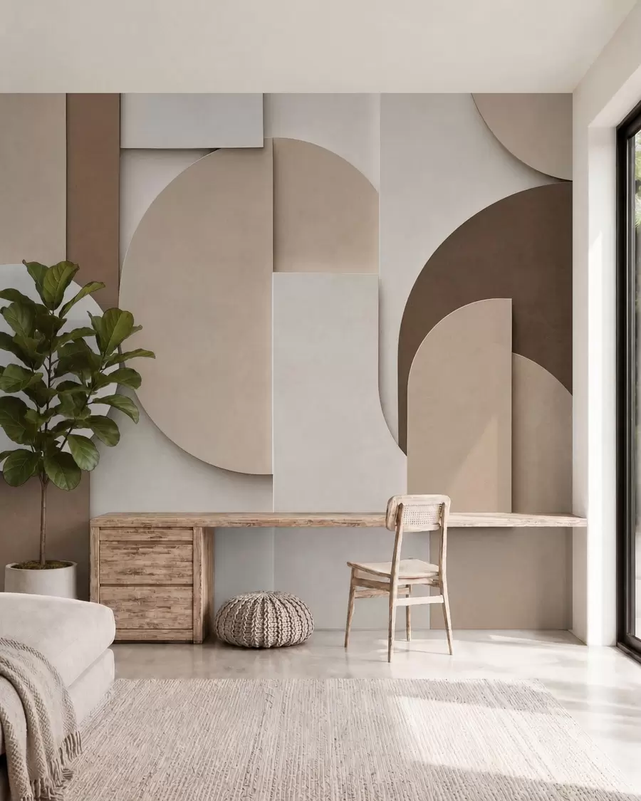 Papier peint Motifs géométriques beiges texturés dans une composition 3D en superposition, décoration murale minimaliste et moderne w05598
