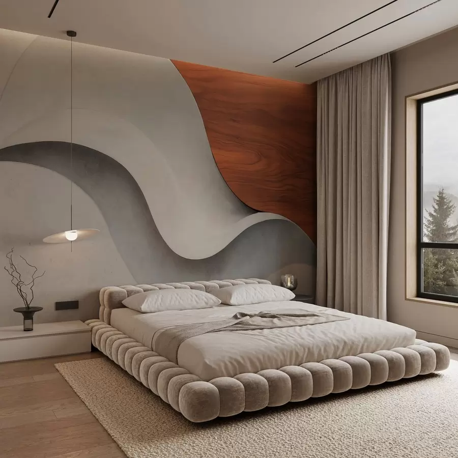 Papier peint Des vagues abstraites fluides rehaussées de touches de bois chaleureuses, dans un style minimaliste et contemporain w05599