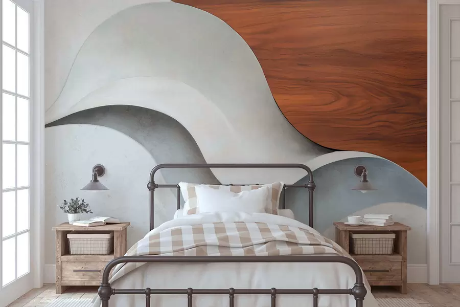 Papier peint Des vagues abstraites fluides rehaussées de touches de bois chaleureuses, dans un style minimaliste et contemporain w05599