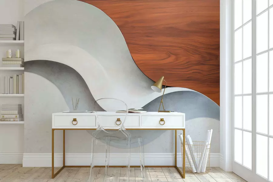 Papier peint Des vagues abstraites fluides rehaussées de touches de bois chaleureuses, dans un style minimaliste et contemporain w05599