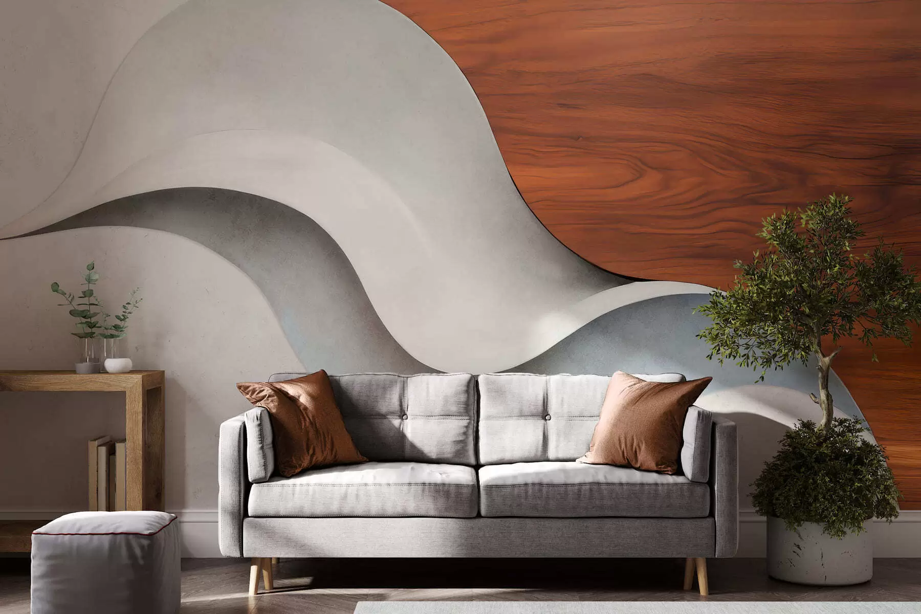 Papier peint Des vagues abstraites fluides rehaussées de touches de bois chaleureuses, dans un style minimaliste et contemporain w05599