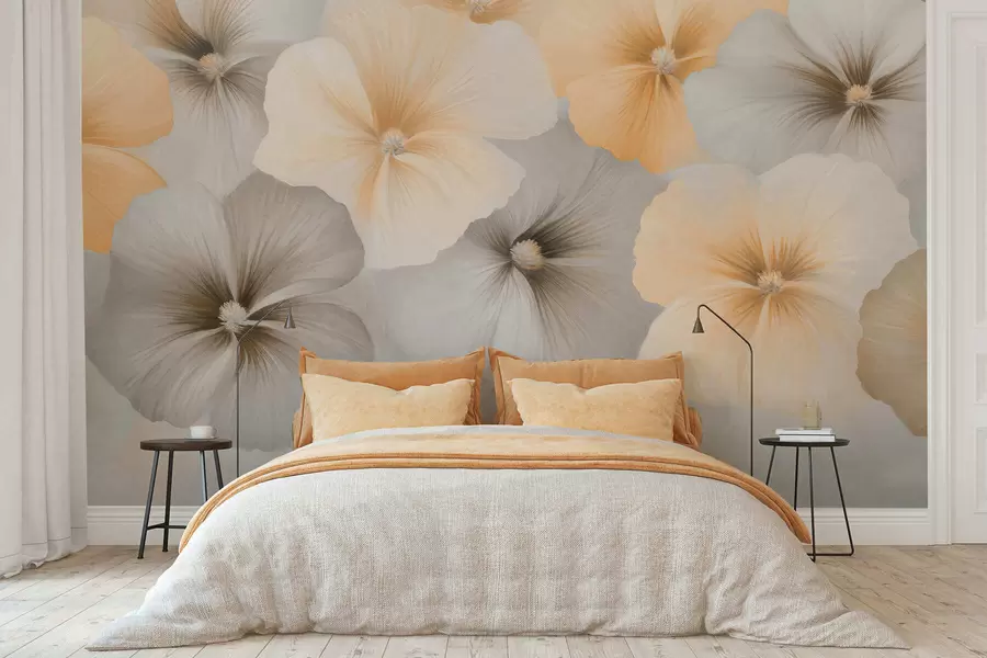Papier peint Des fleurs aux couleurs pastel, dans des tons jaune crème et gris, sur un fond délicat w05600