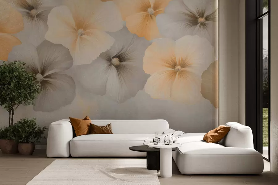 Papier peint Des fleurs aux couleurs pastel, dans des tons jaune crème et gris, sur un fond délicat w05600