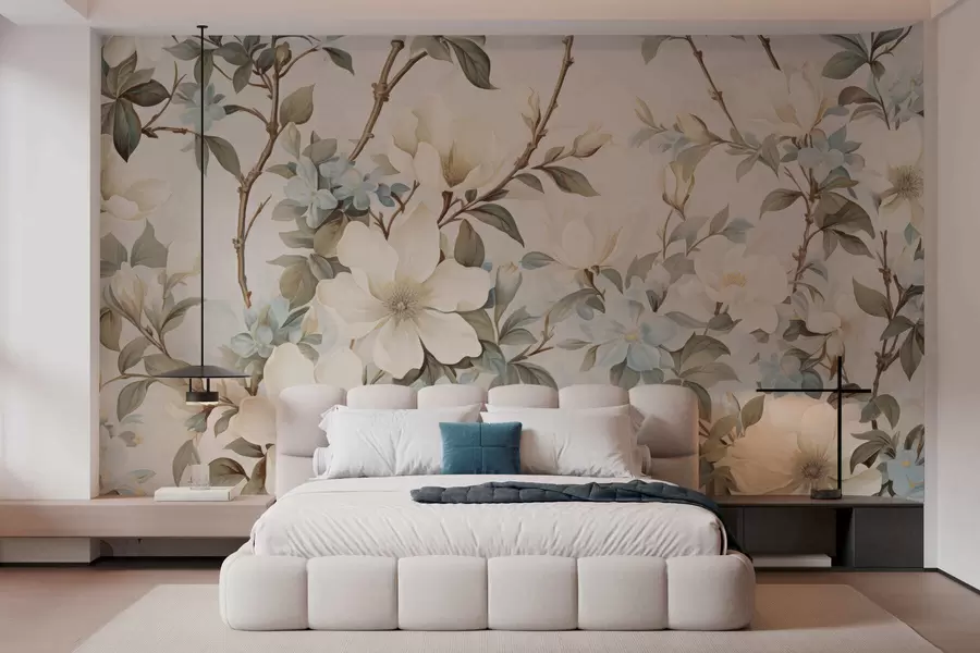 Papier peint Des fleurs délicates et des feuilles d'un vert tendre, dans un style vintage pictural aux touches subtiles w05601