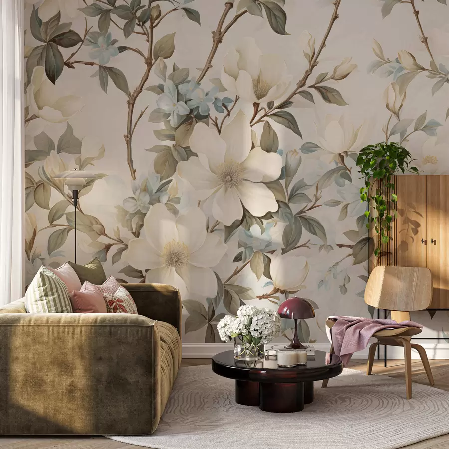 Papier peint Des fleurs délicates et des feuilles d'un vert tendre, dans un style vintage pictural aux touches subtiles w05601