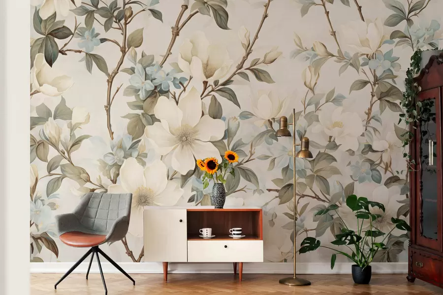 Papier peint Des fleurs délicates et des feuilles d'un vert tendre, dans un style vintage pictural aux touches subtiles w05601