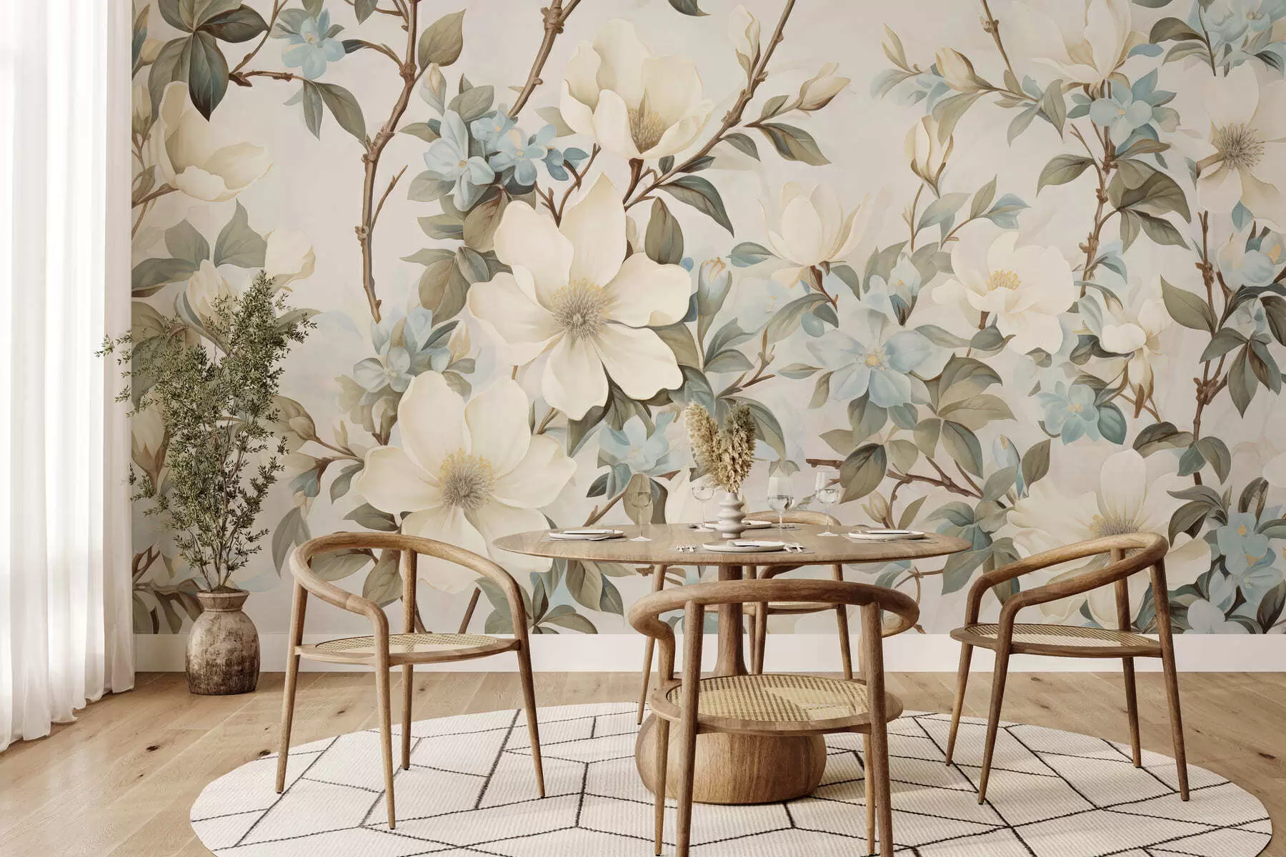 Papier peint Des fleurs délicates et des feuilles d'un vert tendre, dans un style vintage pictural aux touches subtiles w05601
