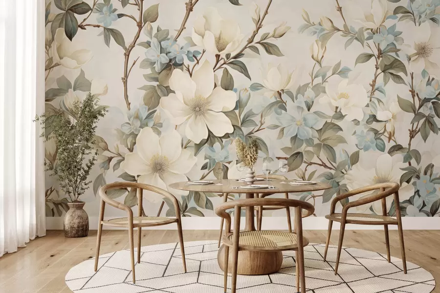 Papier peint Des fleurs délicates et des feuilles d'un vert tendre, dans un style vintage pictural aux touches subtiles w05601