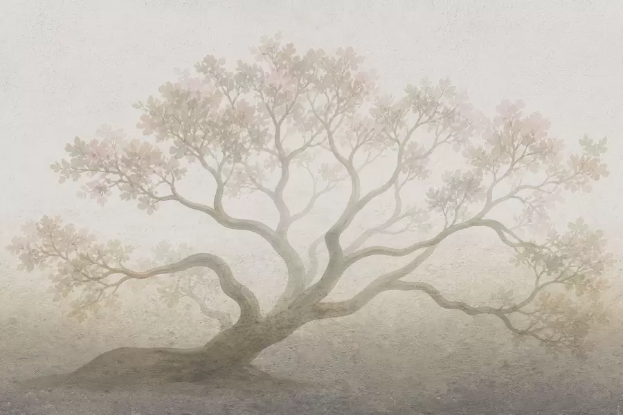 Papier peint Paysage minimaliste d'arbres brumeux dans des tons beiges doux, œuvre d'art à l'atmosphère onirique w05602