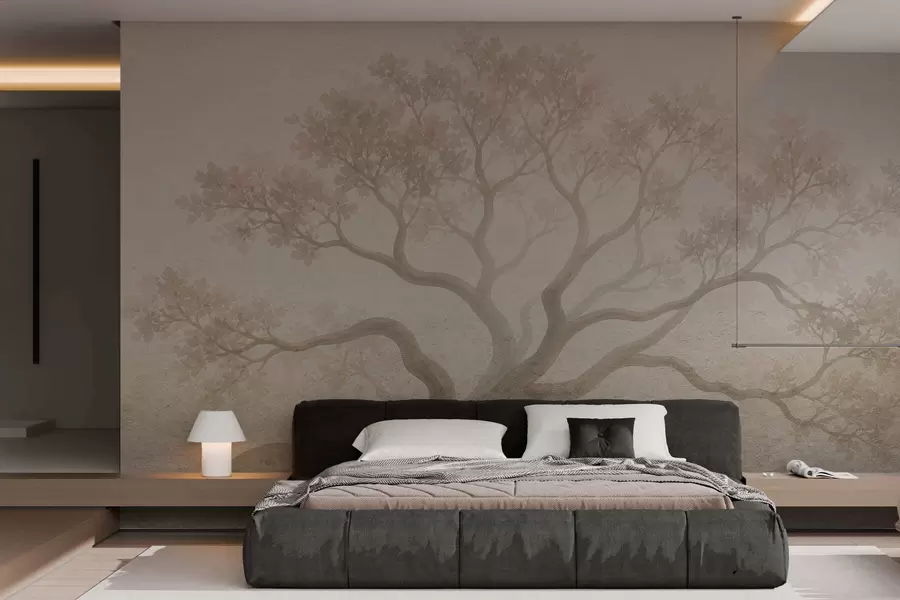 Papier peint Paysage minimaliste d'arbres brumeux dans des tons beiges doux, œuvre d'art à l'atmosphère onirique w05602
