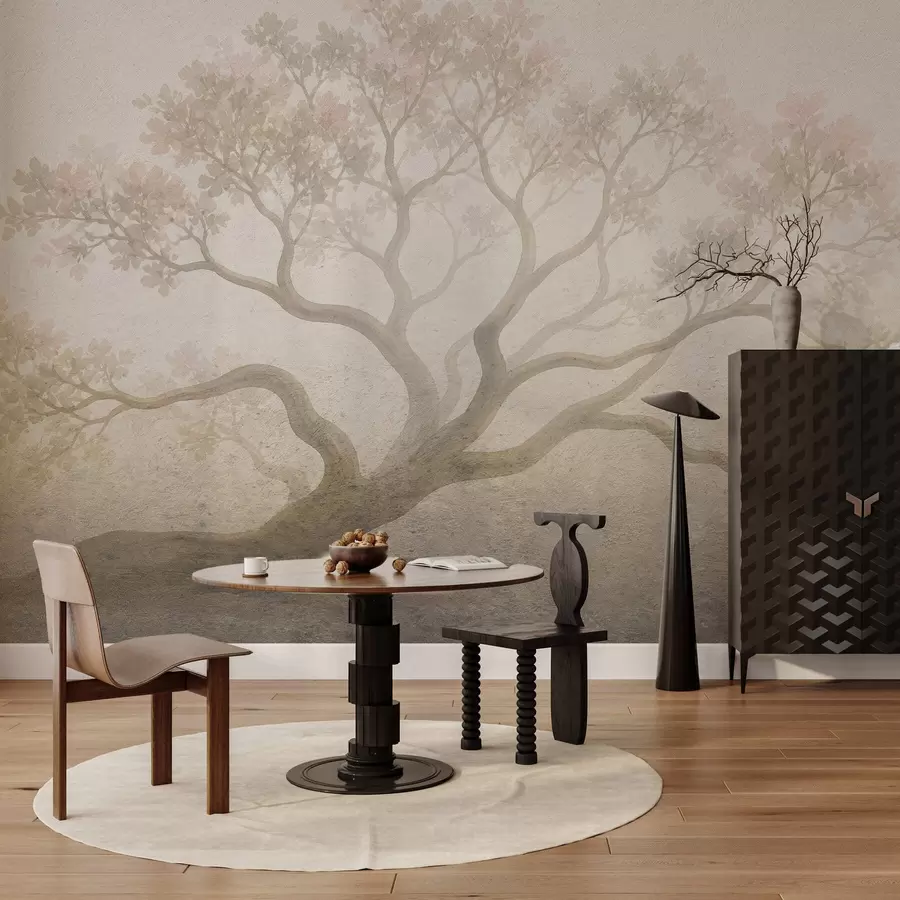 Papier peint Paysage minimaliste d'arbres brumeux dans des tons beiges doux, œuvre d'art à l'atmosphère onirique w05602