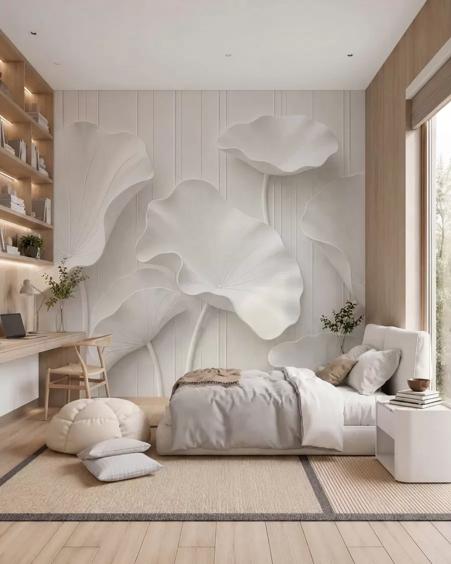 Papier peint Relief floral sculptural blanc aux pétales superposés, une décoration murale 3D élégante w05604
