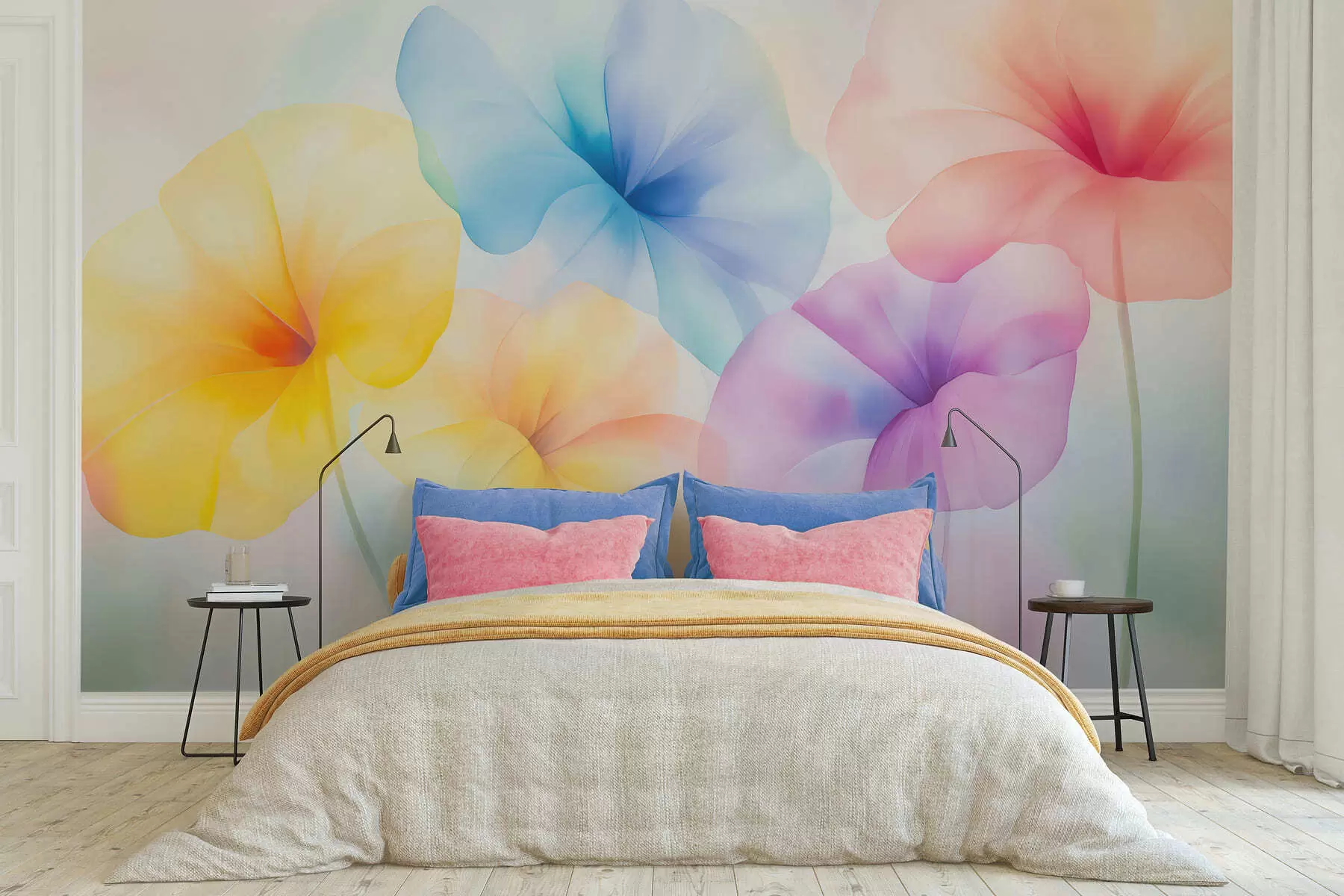 Papier peint Des fleurs colorées et translucides aux teintes pastel délicates, avec un effet aquarelle enchanteur w05607