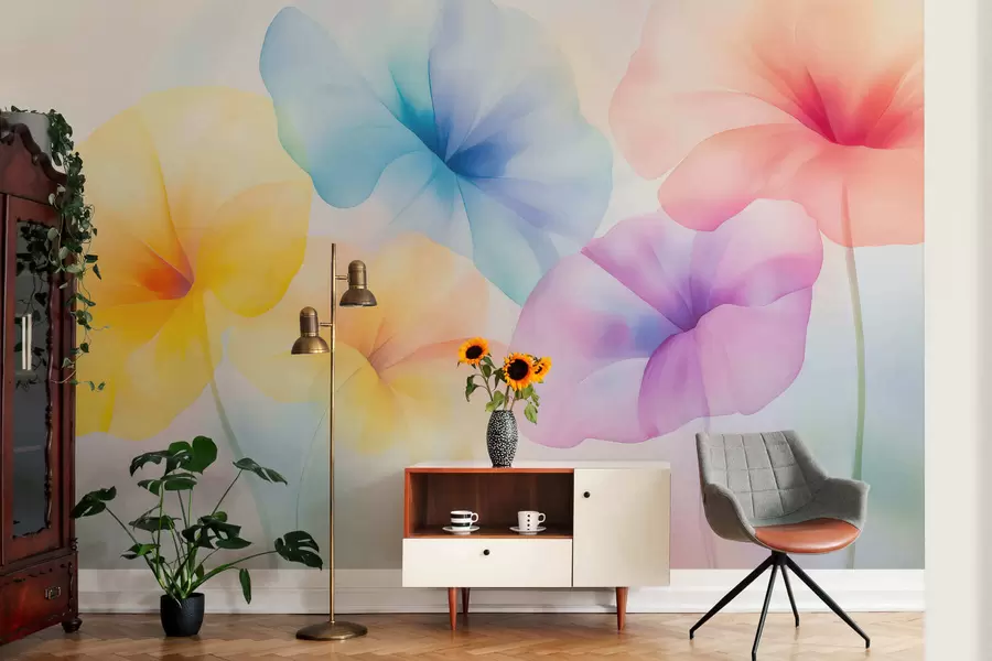 Papier peint Des fleurs colorées et translucides aux teintes pastel délicates, avec un effet aquarelle enchanteur w05607
