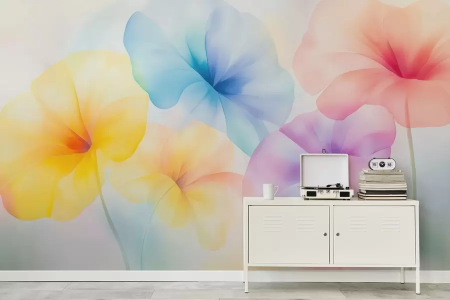 Papier peint Des fleurs colorées et translucides aux teintes pastel délicates, avec un effet aquarelle enchanteur w05607
