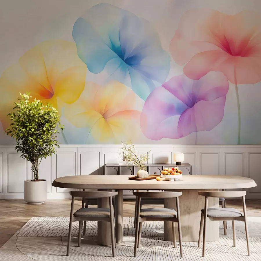 Papier peint Des fleurs colorées et translucides aux teintes pastel délicates, avec un effet aquarelle enchanteur w05607